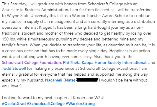 LinkedIn Post from a recent Schoolcraft Graduate.